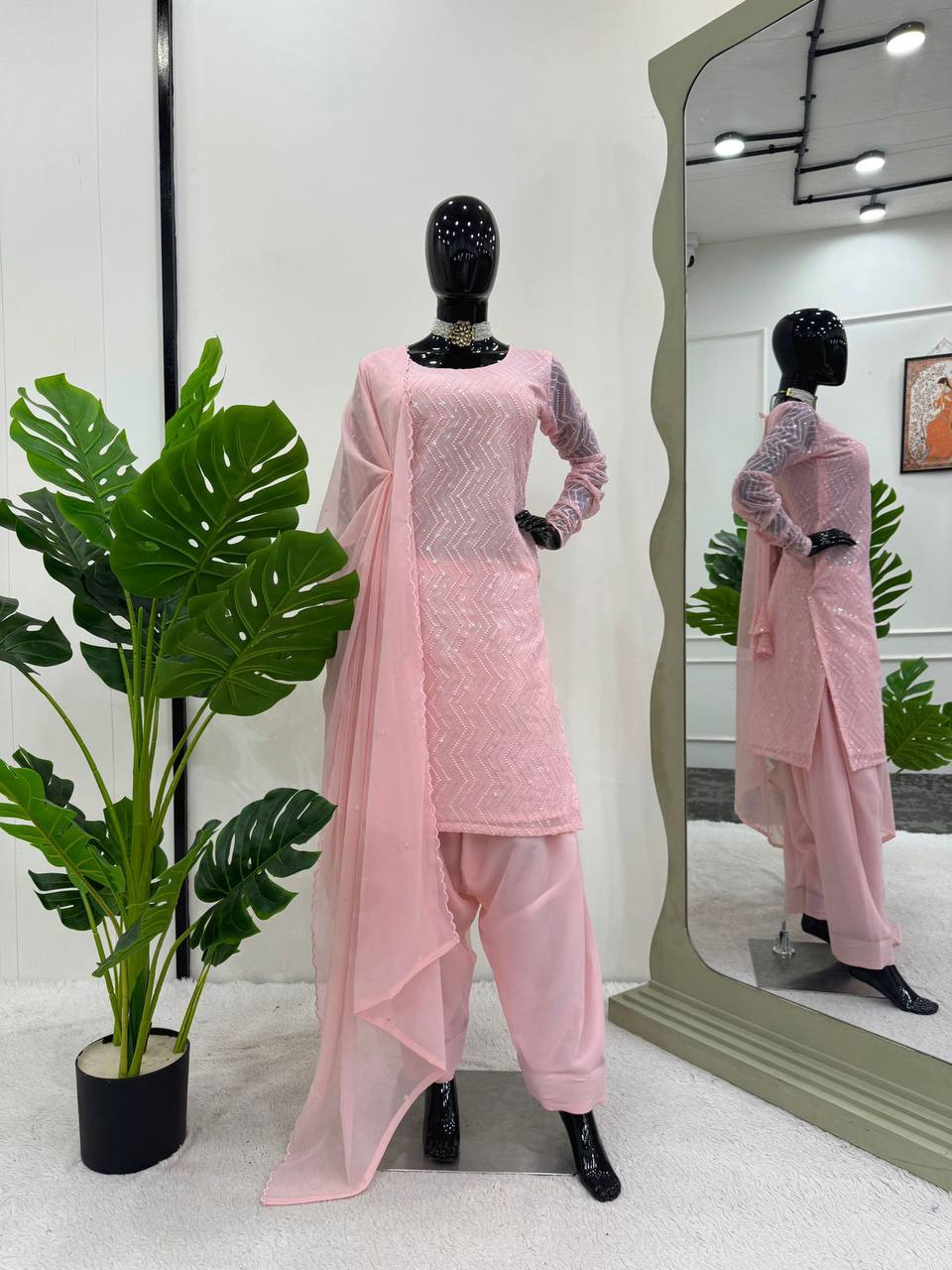 Light Pink Elegant Faux Georgette Embroidered Suit Set
