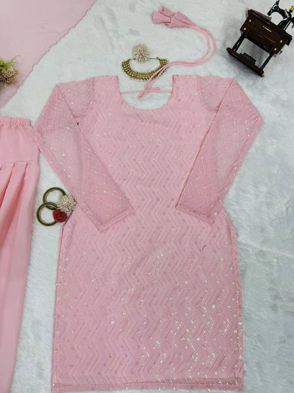 Light Pink Elegant Faux Georgette Embroidered Suit Set
