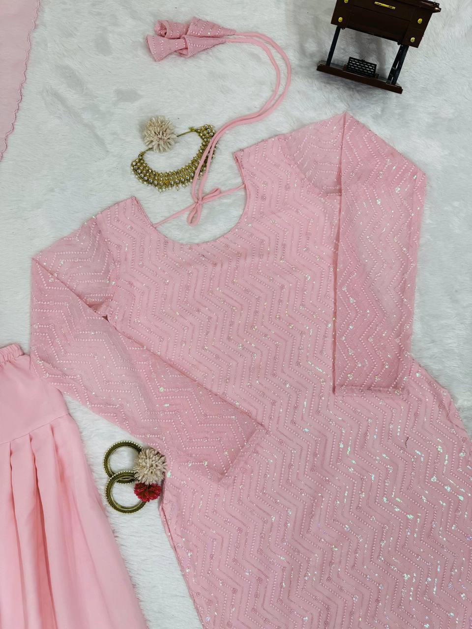 Light Pink Elegant Faux Georgette Embroidered Suit Set
