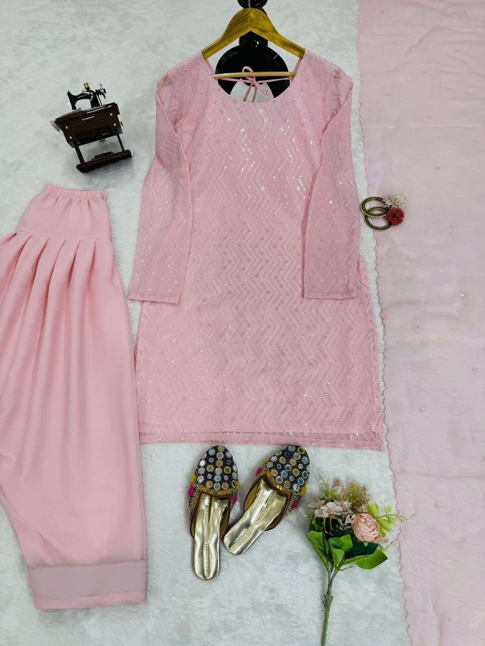 Light Pink Elegant Faux Georgette Embroidered Suit Set