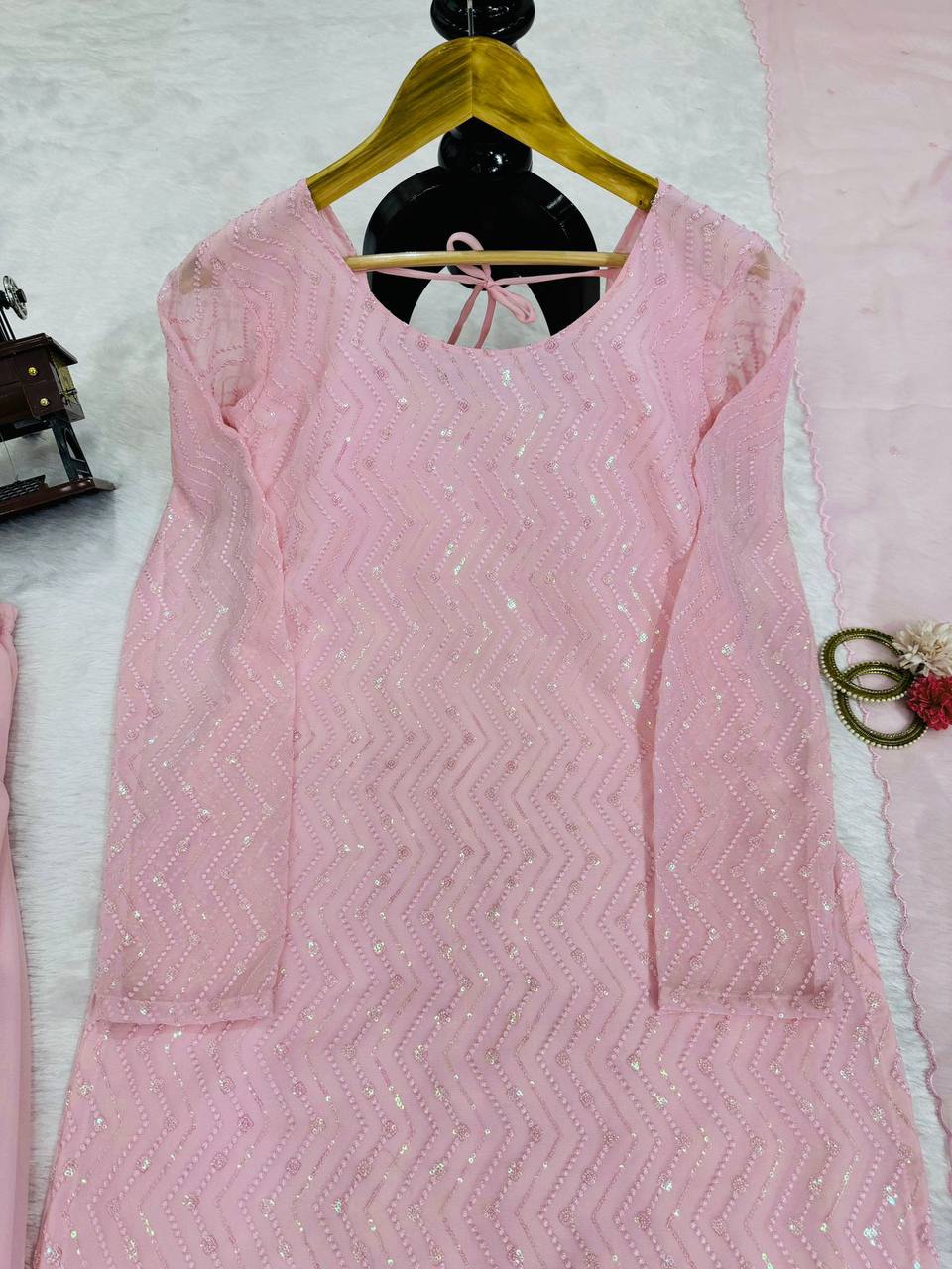 Light Pink Elegant Faux Georgette Embroidered Suit Set