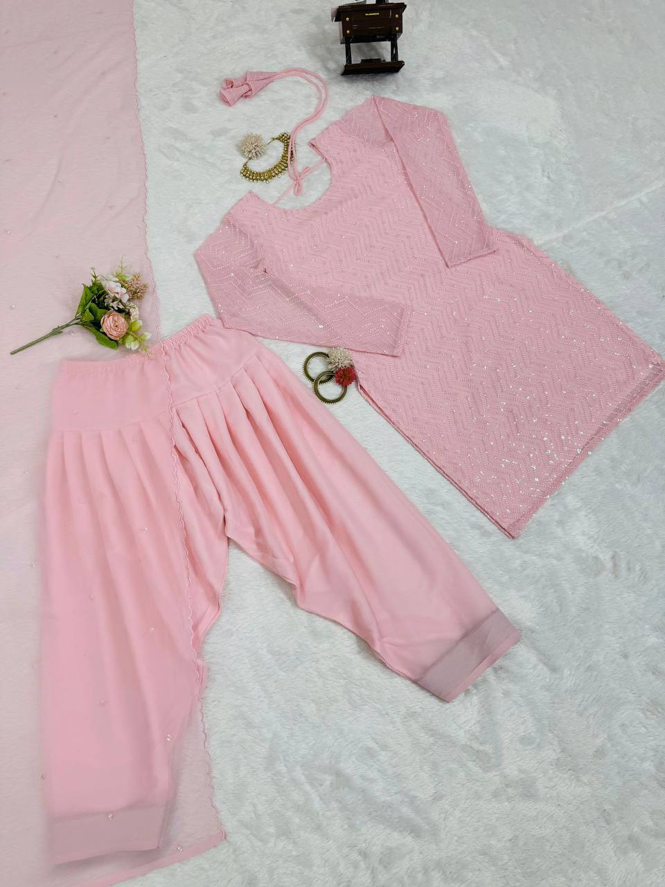 Light Pink Elegant Faux Georgette Embroidered Suit Set