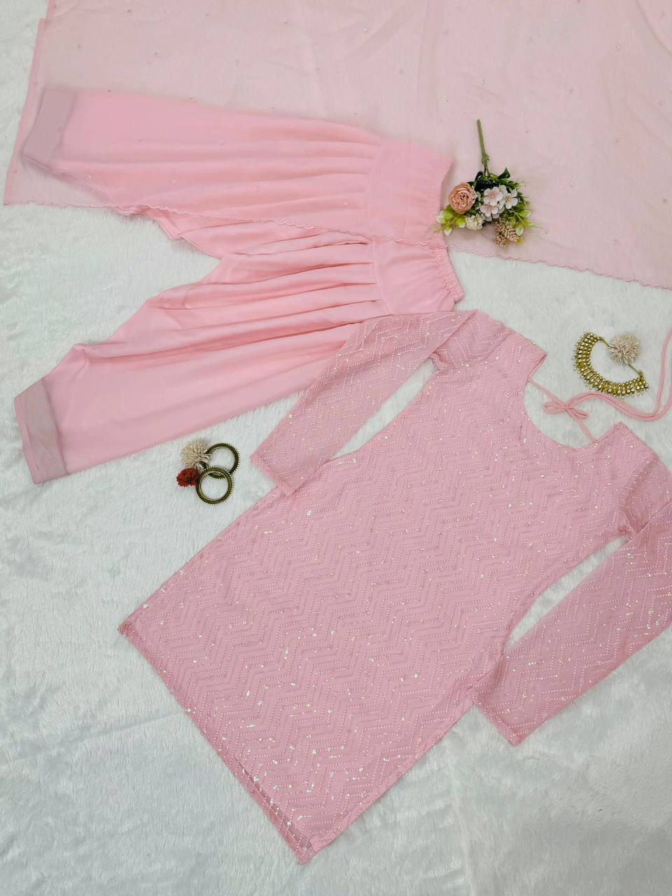 Light Pink Elegant Faux Georgette Embroidered Suit Set