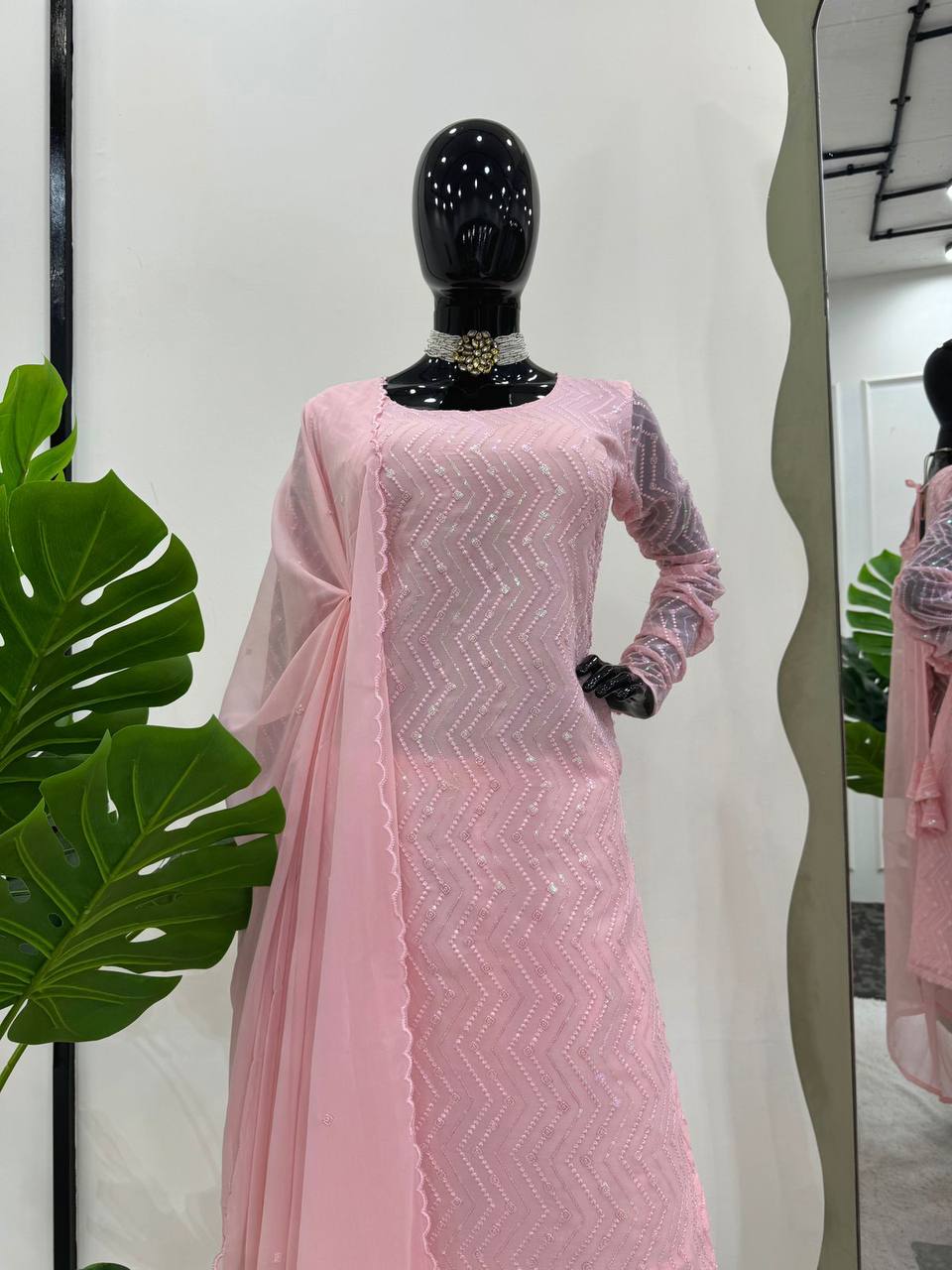 Light Pink Elegant Faux Georgette Embroidered Suit Set