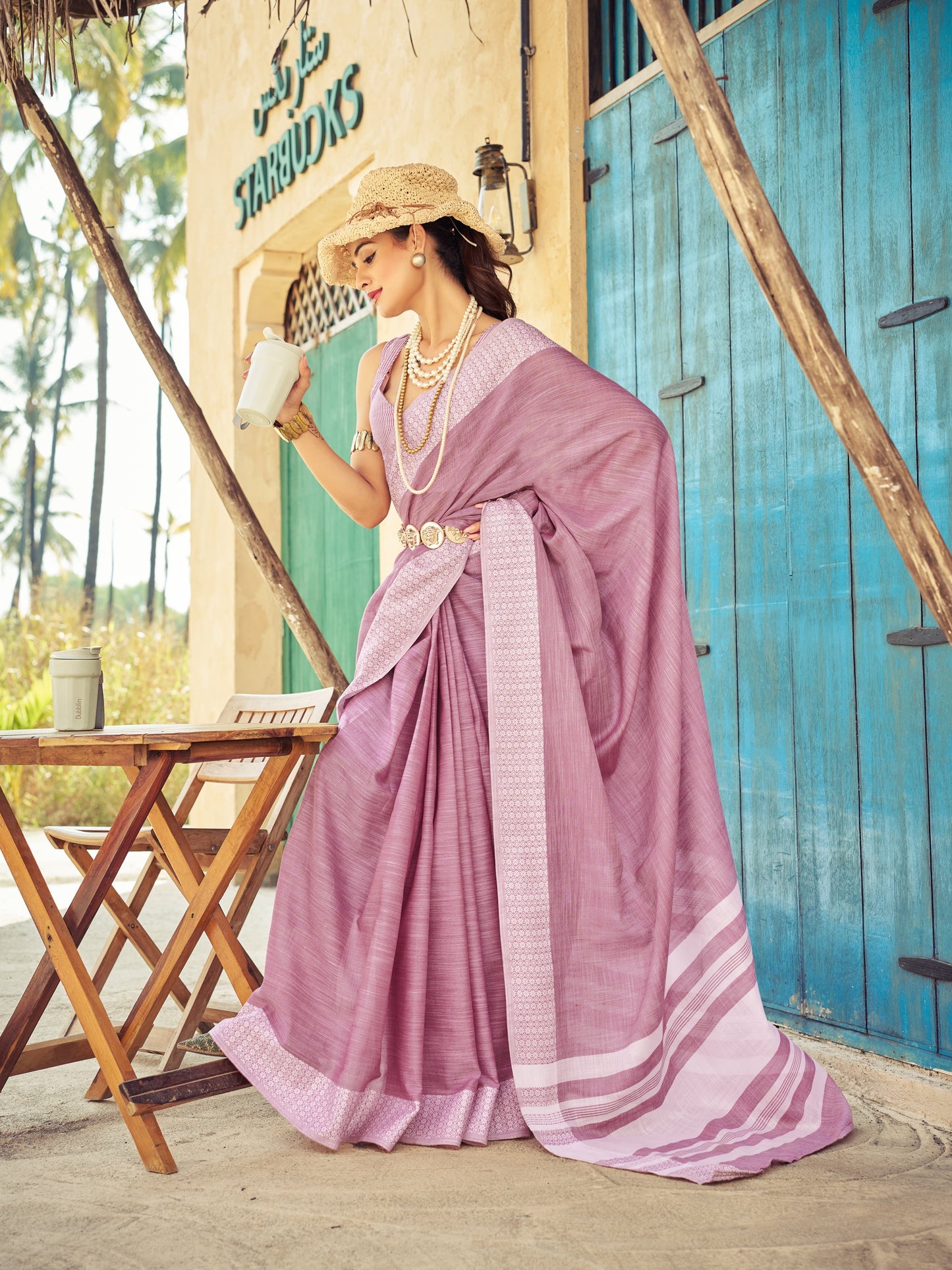 Light Pink Elegant Linen Saree with Chikankari Weaved Border