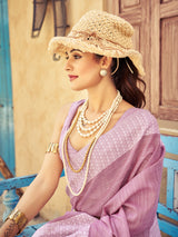 Light Pink Elegant Linen Saree with Chikankari Weaved Border