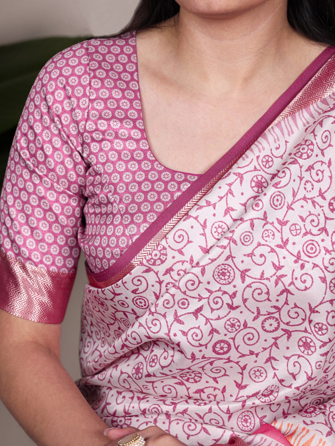 Light Pink Elegant Tasar Silk Printed Saree with Viscose Border & Matching Unstitched Blouse – Premium Traditional Party & Festive Wear
