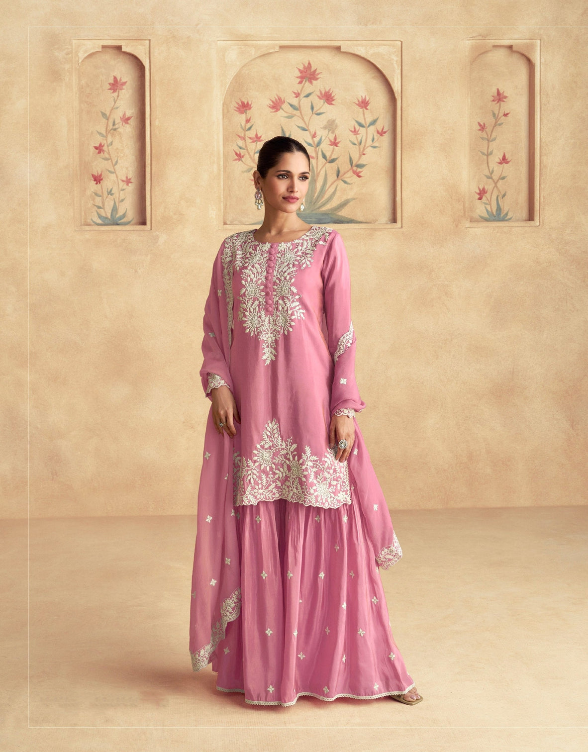 Light Pink Chinon Kurta Sharara Set