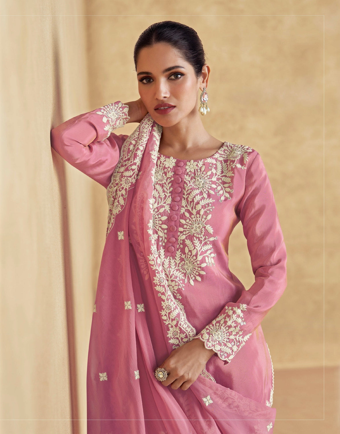 Light Pink Chinon Kurta Sharara Set