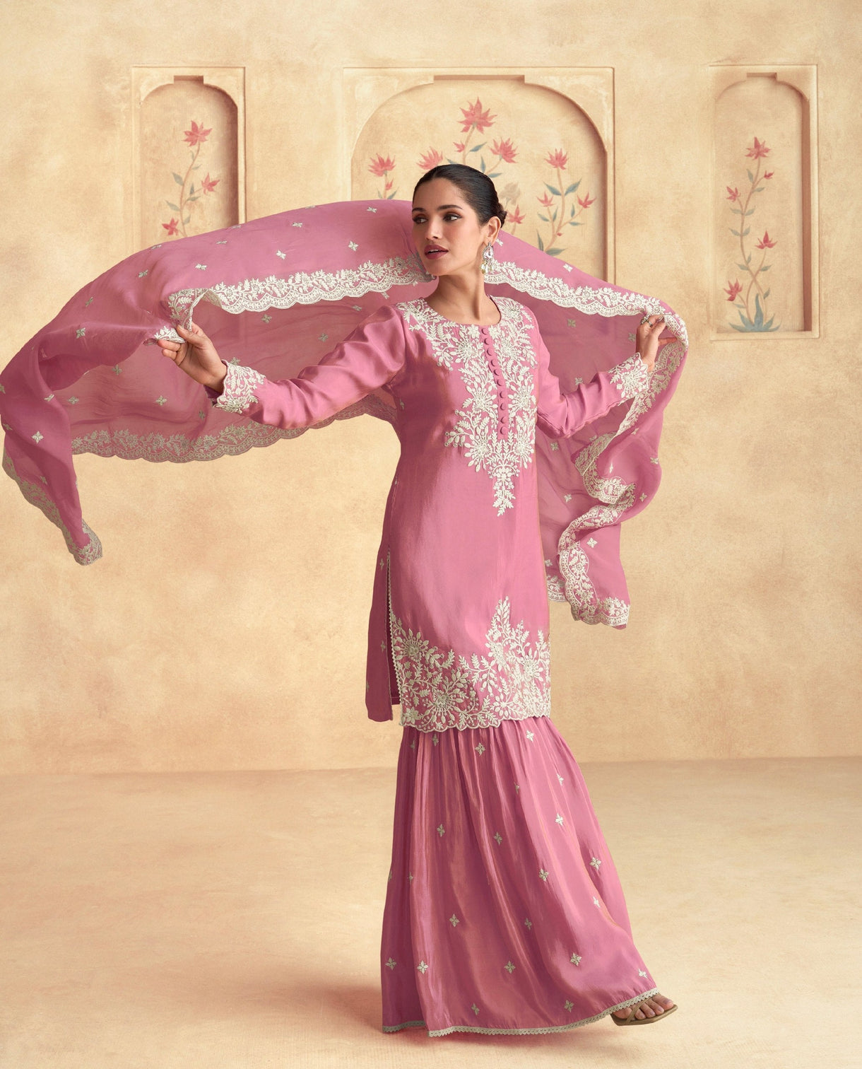Light Pink Chinon Kurta Sharara Set