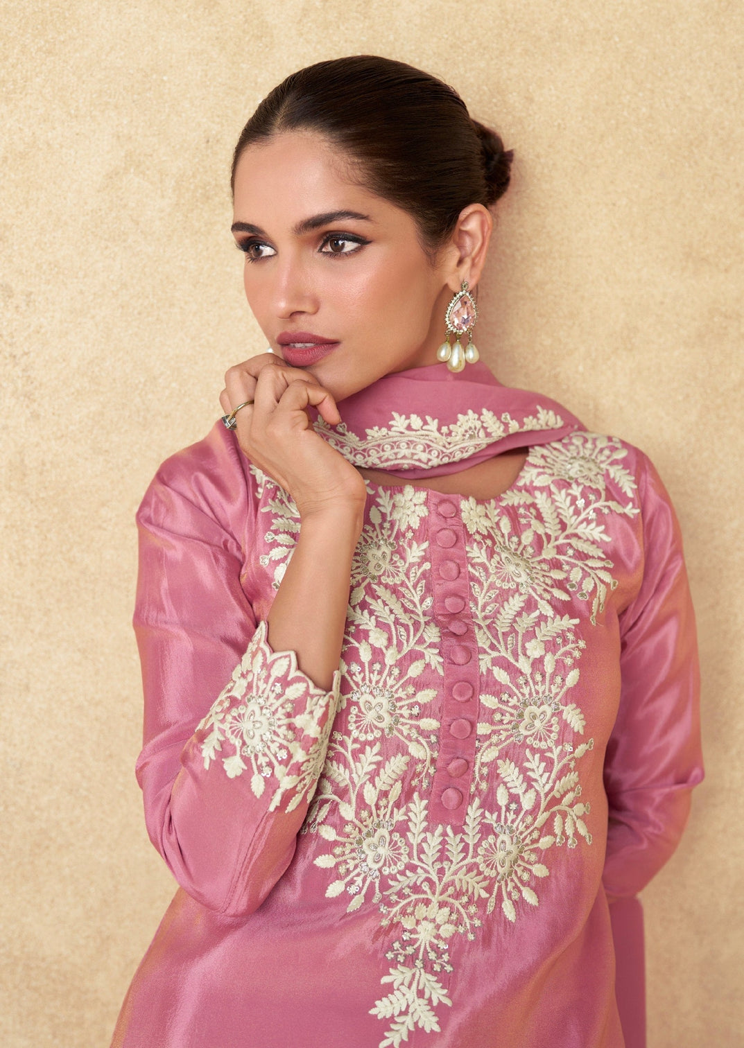 Light Pink Chinon Kurta Sharara Set