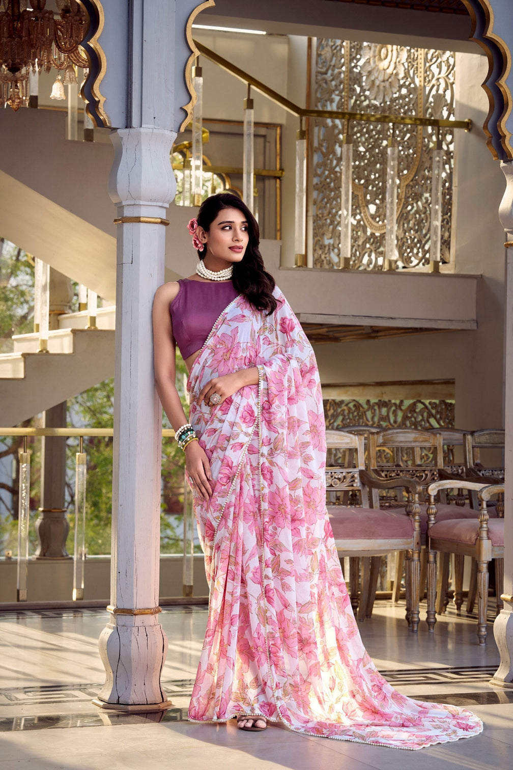 Light Pink Floral Print Weightless Marble Saree with Pearl Lace Border & Moonga Silk Blouse