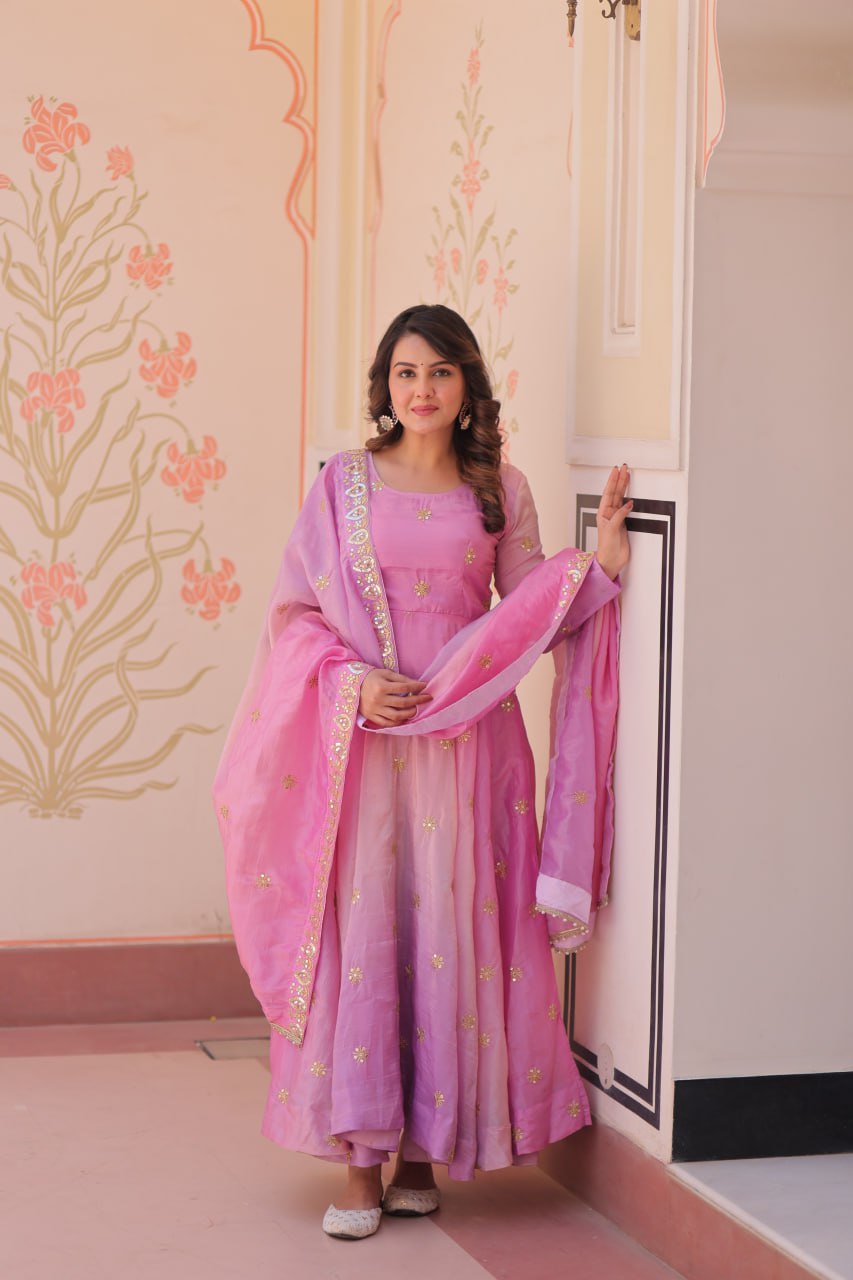 Light Pink Pedding Gold Organza Embroidered Gown with Dupatta Umbrella Flair & Sequin Zari Work