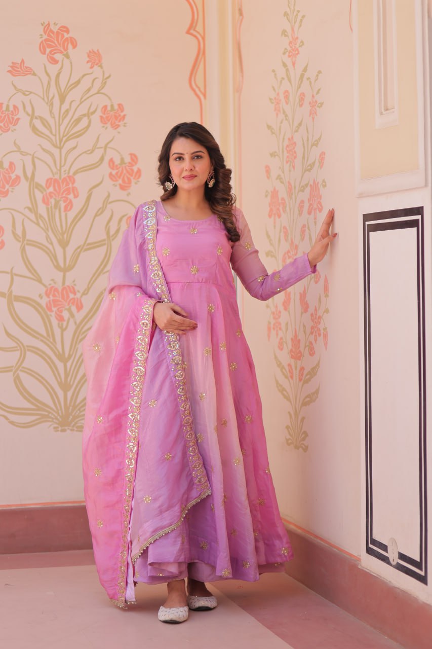 Light Pink Pedding Gold Organza Embroidered Gown with Dupatta Umbrella Flair & Sequin Zari Work
