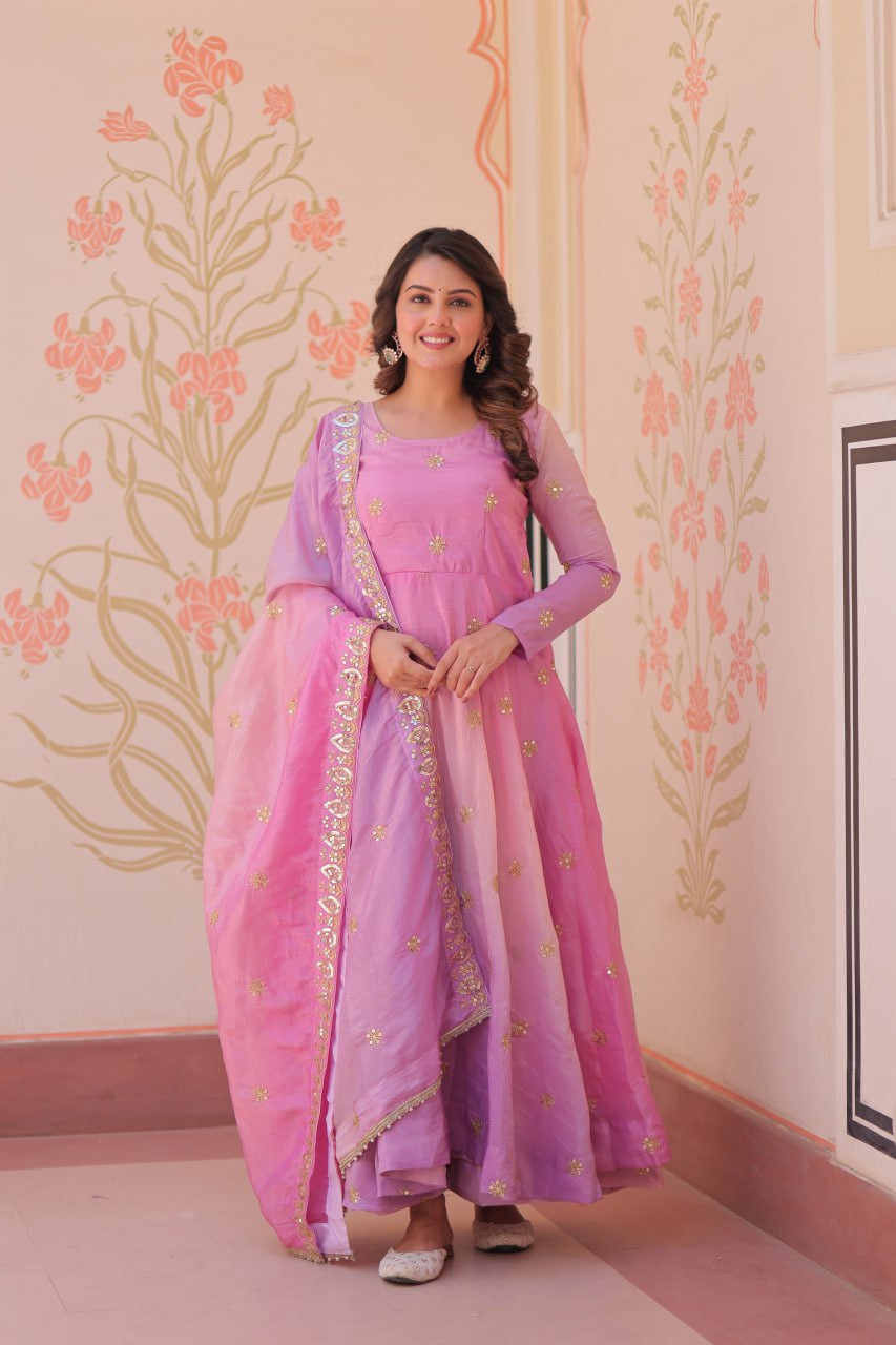 Light Pink Pedding Gold Organza Embroidered Gown with Dupatta Umbrella Flair & Sequin Zari Work