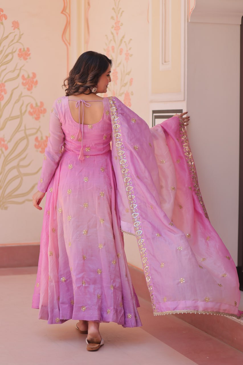 Light Pink Pedding Gold Organza Embroidered Gown with Dupatta Umbrella Flair & Sequin Zari Work