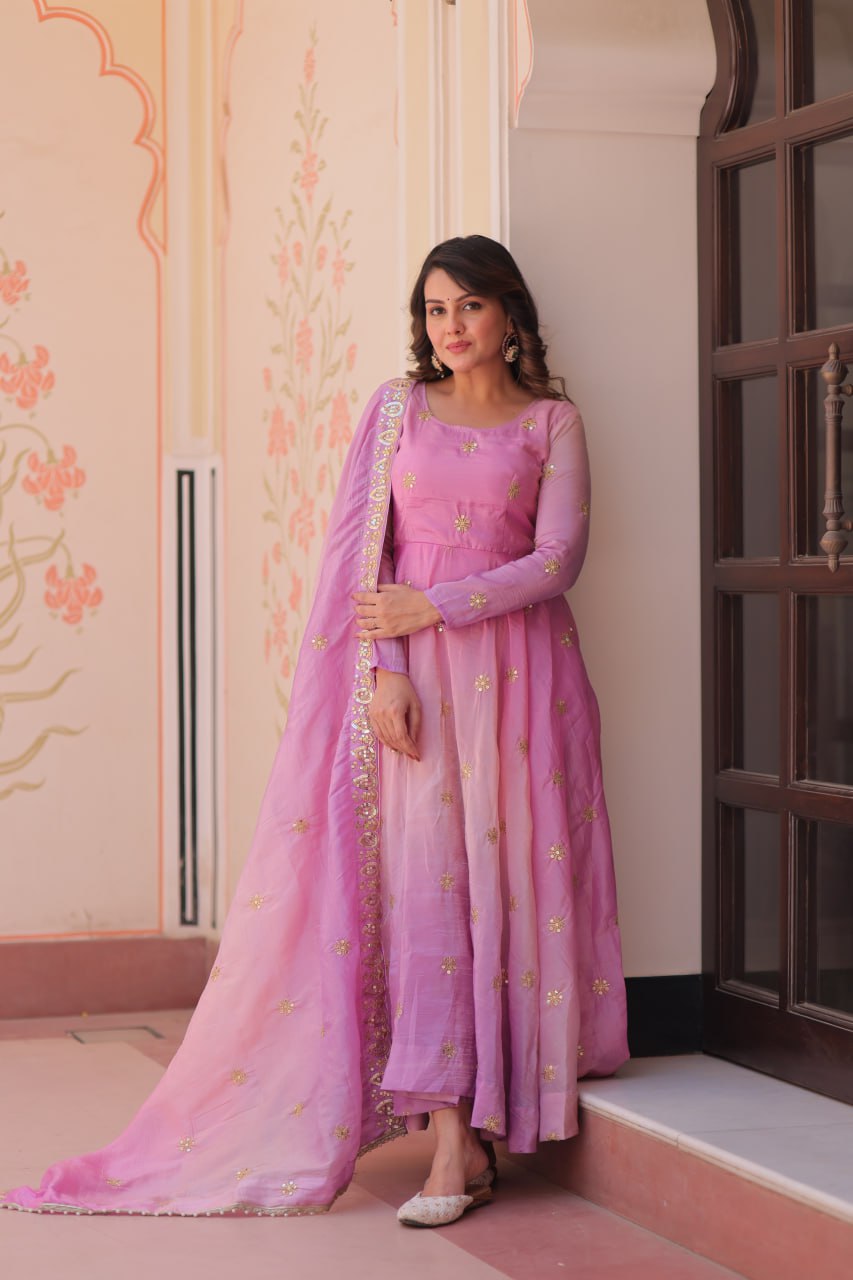 Light Pink Pedding Gold Organza Embroidered Gown with Dupatta Umbrella Flair & Sequin Zari Work