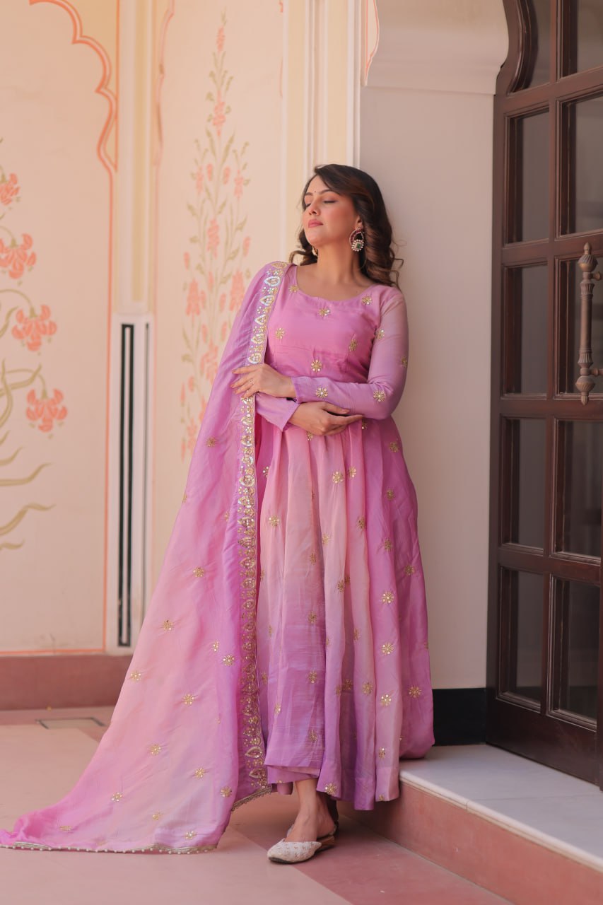 Light Pink Pedding Gold Organza Embroidered Gown with Dupatta Umbrella Flair & Sequin Zari Work