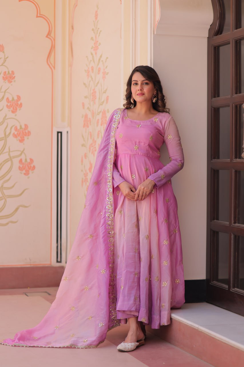 Light Pink Pedding Gold Organza Embroidered Gown with Dupatta Umbrella Flair & Sequin Zari Work