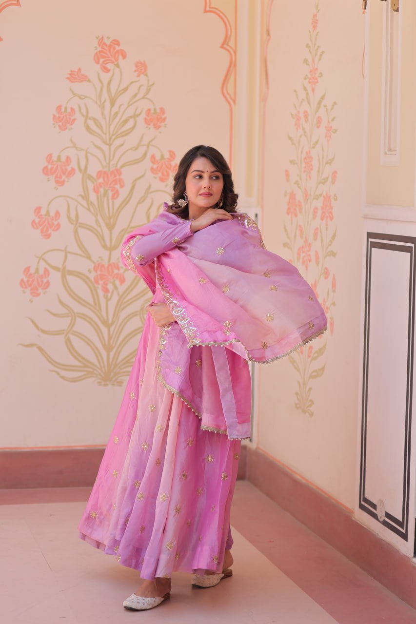 Light Pink Pedding Gold Organza Embroidered Gown with Dupatta Umbrella Flair & Sequin Zari Work