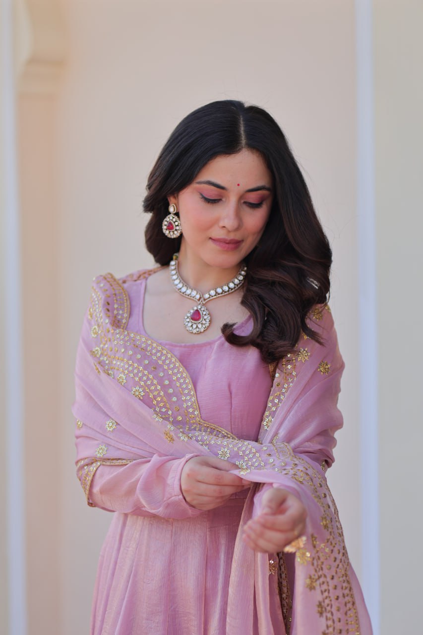 Light Pink Premium Fendy Chiffon 12-Kali Gown with Embroidered Cut-Work Dupatta