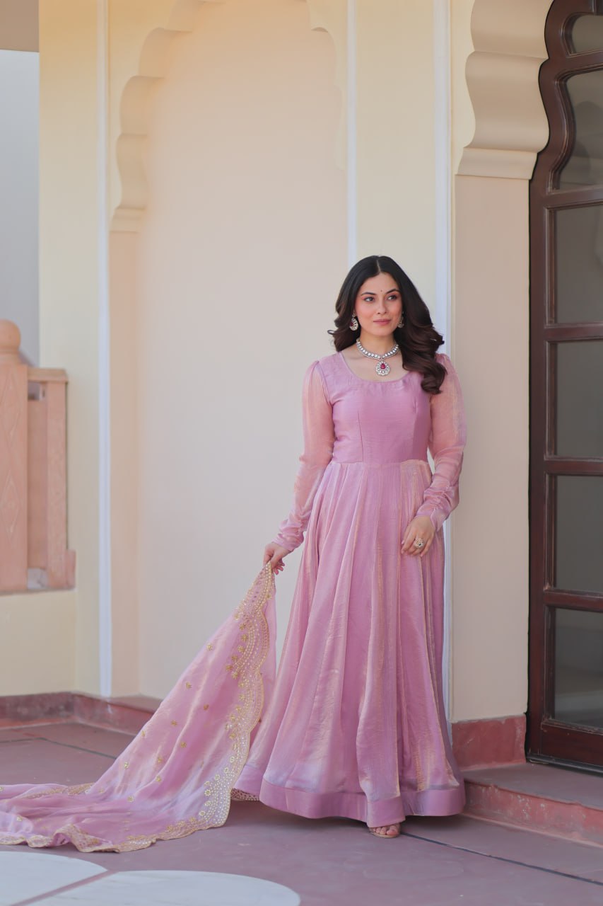 Light Pink Premium Fendy Chiffon 12-Kali Gown with Embroidered Cut-Work Dupatta