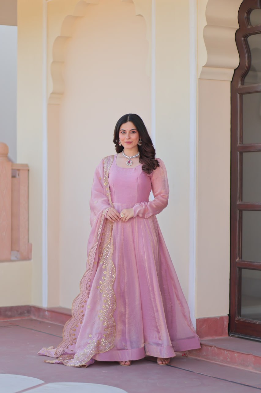 Light Pink Premium Fendy Chiffon 12-Kali Gown with Embroidered Cut-Work Dupatta