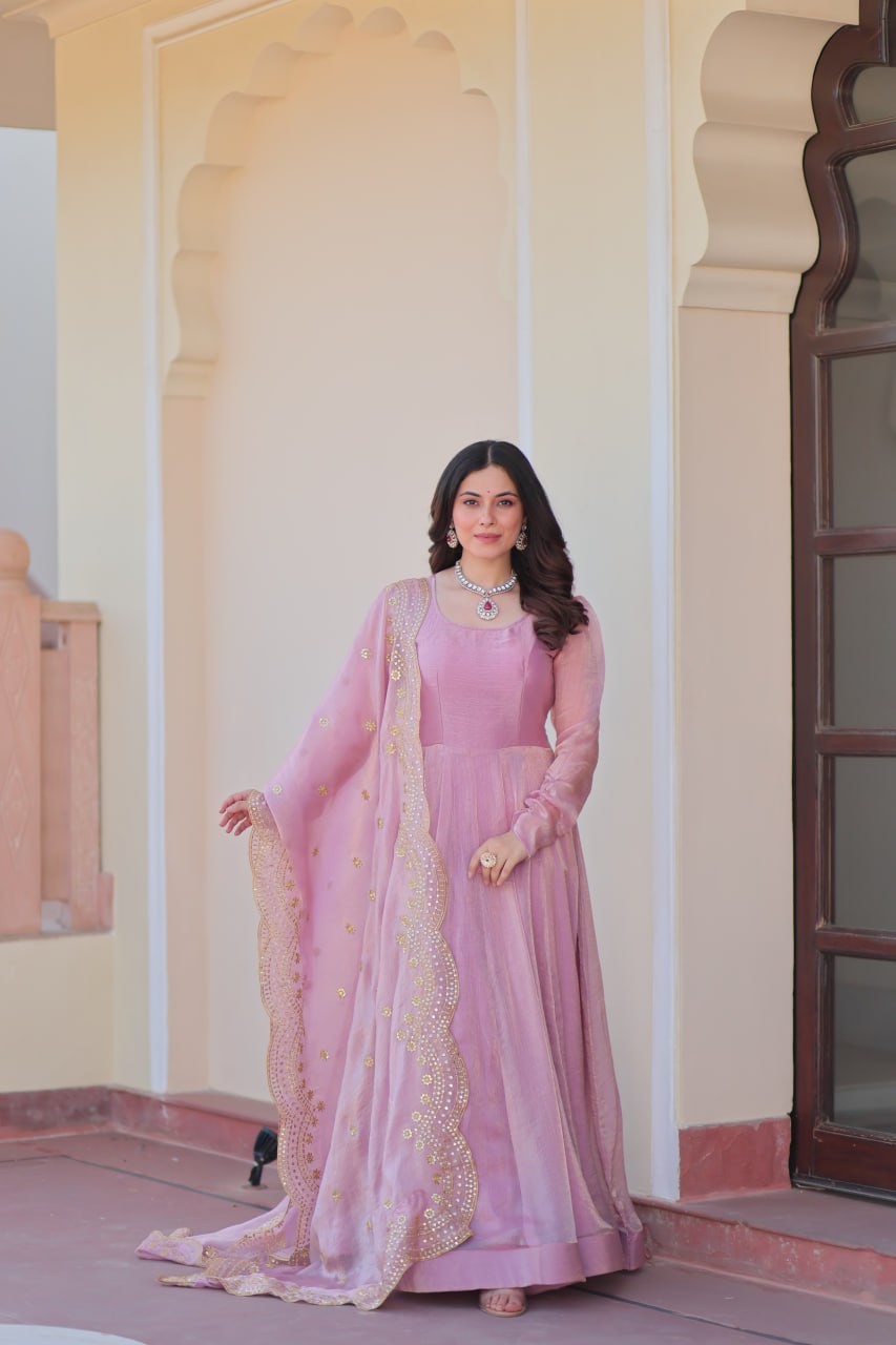 Light Pink Premium Fendy Chiffon 12-Kali Gown with Embroidered Cut-Work Dupatta
