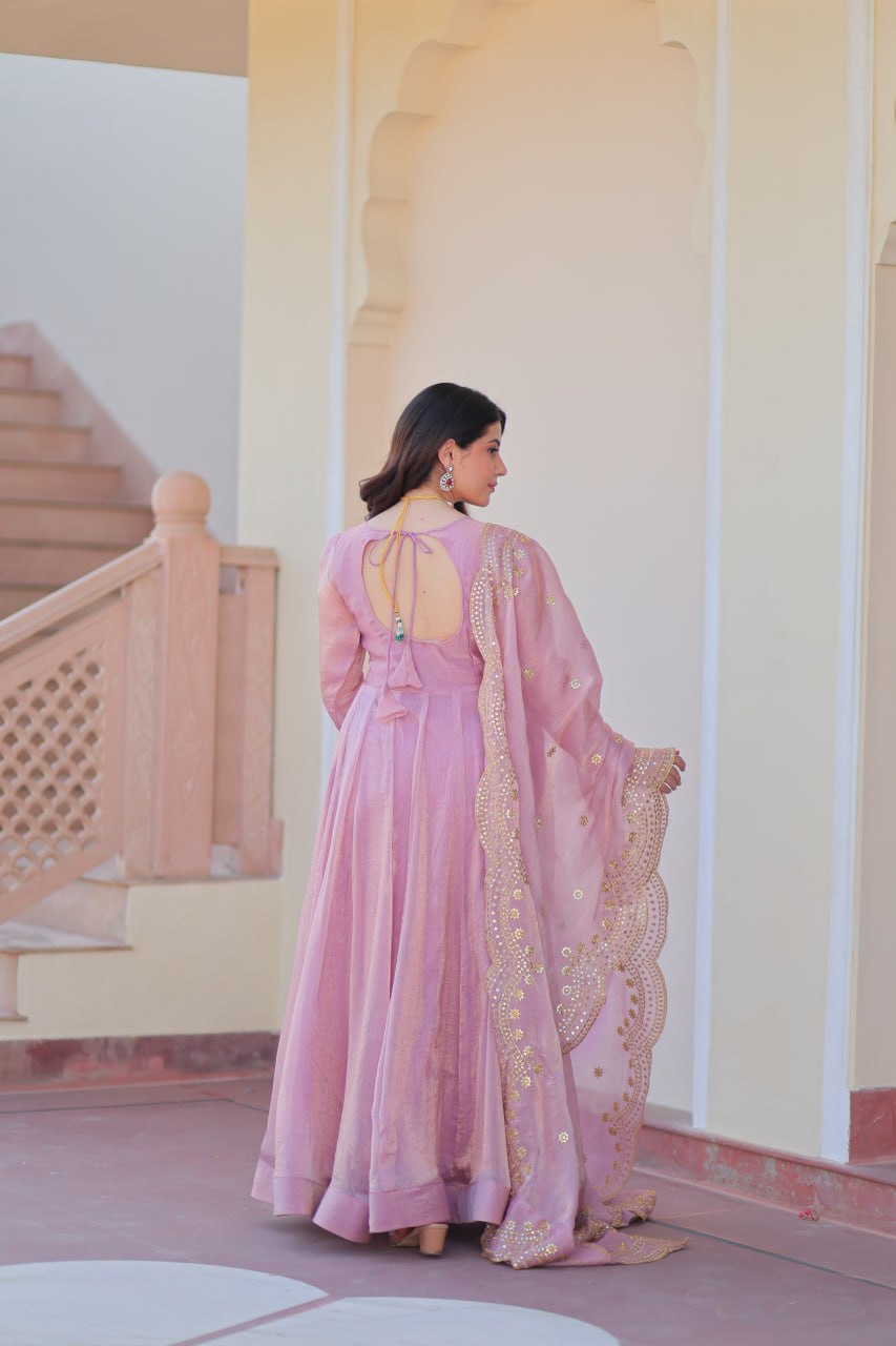 Light Pink Premium Fendy Chiffon 12-Kali Gown with Embroidered Cut-Work Dupatta