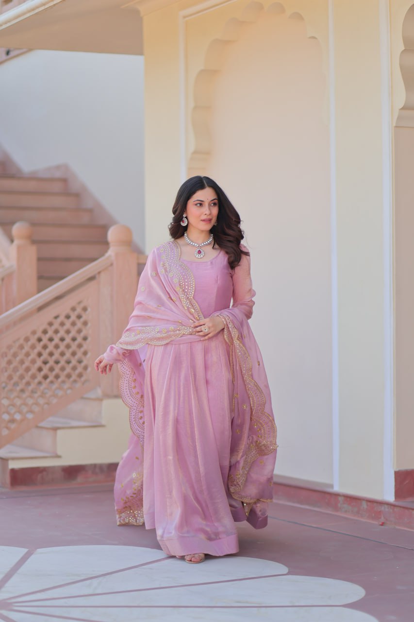 Light Pink Premium Fendy Chiffon 12-Kali Gown with Embroidered Cut-Work Dupatta
