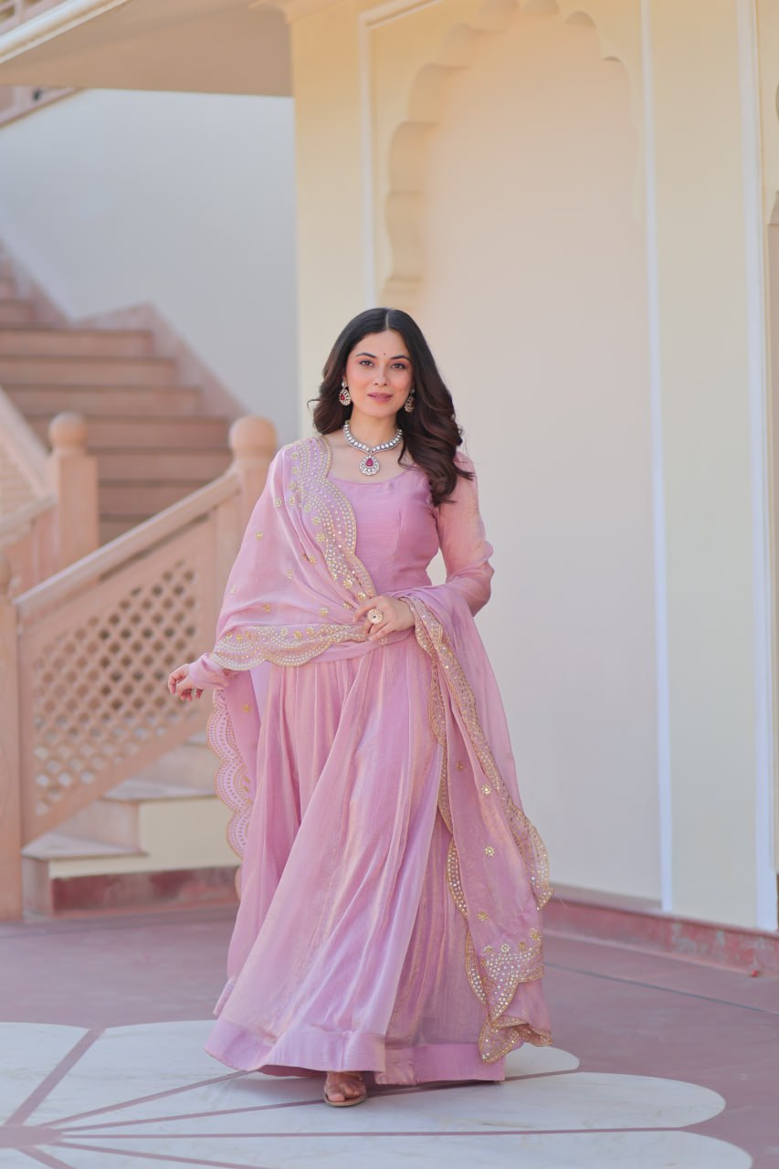 Light Pink Premium Fendy Chiffon 12-Kali Gown with Embroidered Cut-Work Dupatta