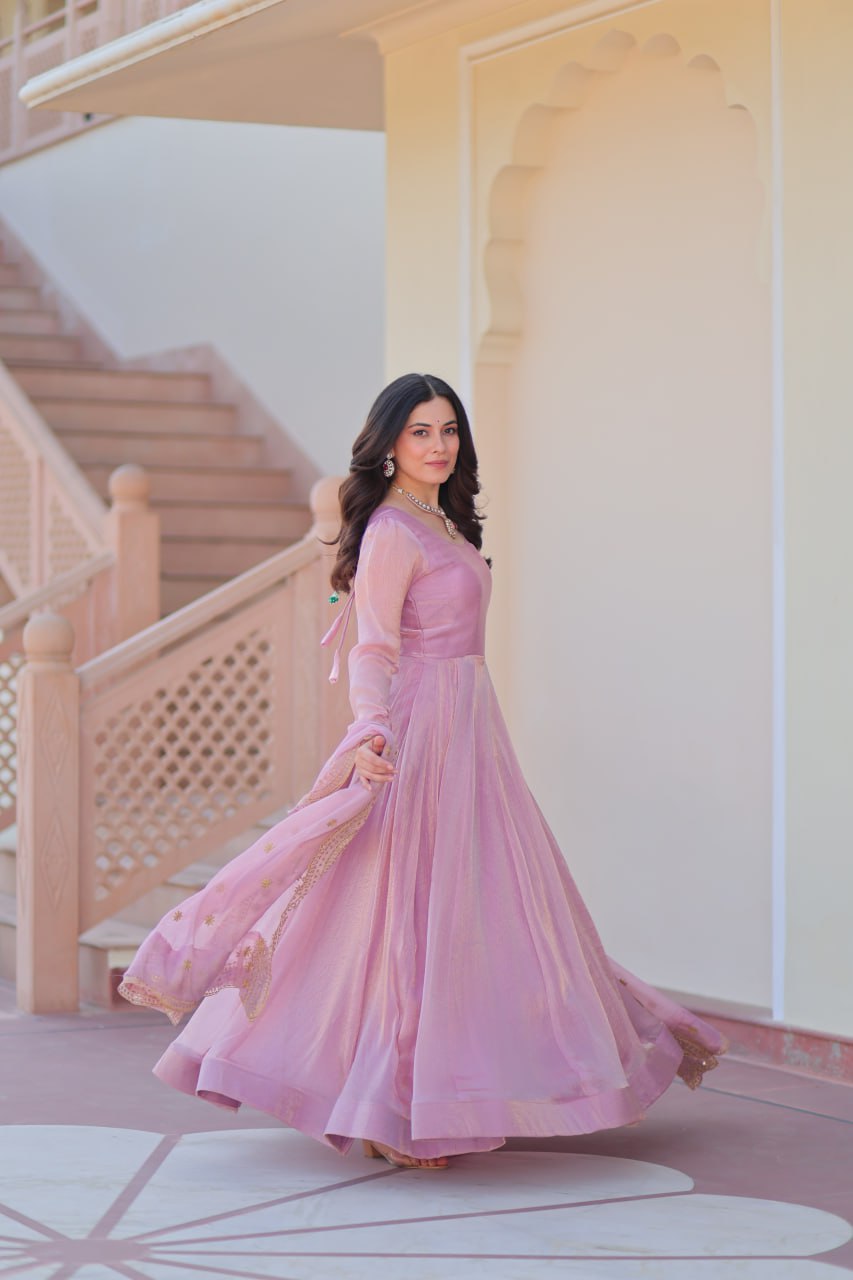 Light Pink Premium Fendy Chiffon 12-Kali Gown with Embroidered Cut-Work Dupatta