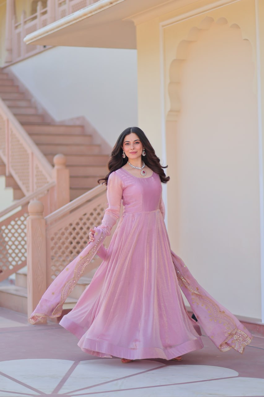 Light Pink Premium Fendy Chiffon 12-Kali Gown with Embroidered Cut-Work Dupatta