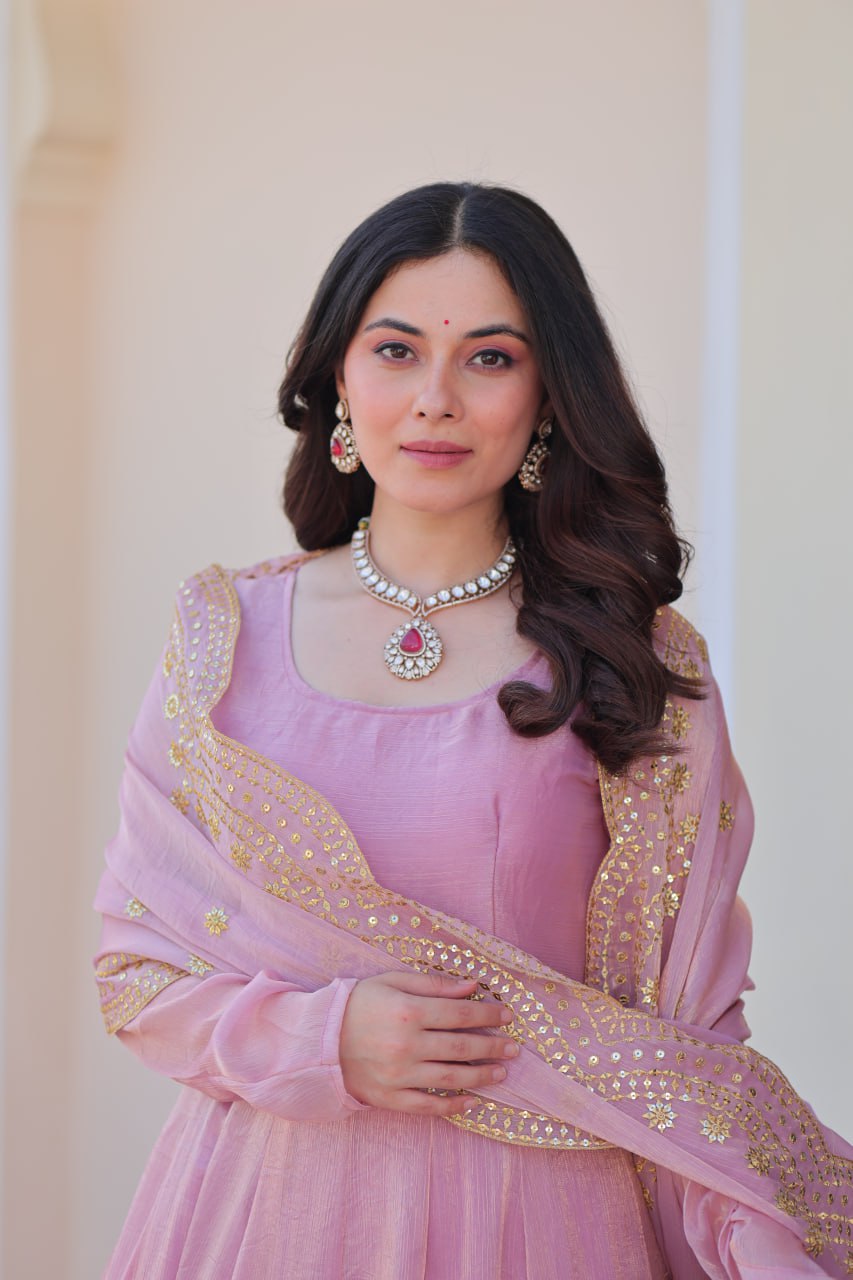 Light Pink Premium Fendy Chiffon 12-Kali Gown with Embroidered Cut-Work Dupatta