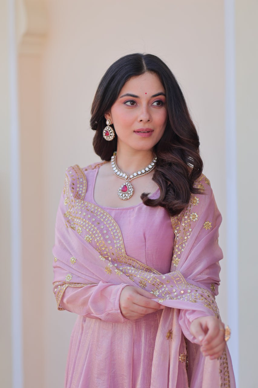 Light Pink Premium Fendy Chiffon 12-Kali Gown with Embroidered Cut-Work Dupatta