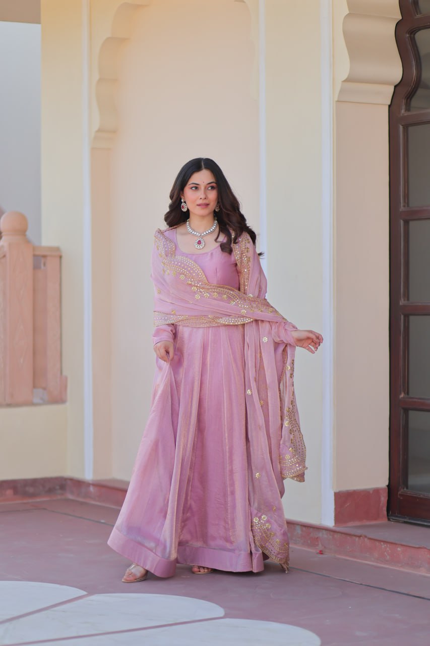 Light Pink Premium Fendy Chiffon 12-Kali Gown with Embroidered Cut-Work Dupatta