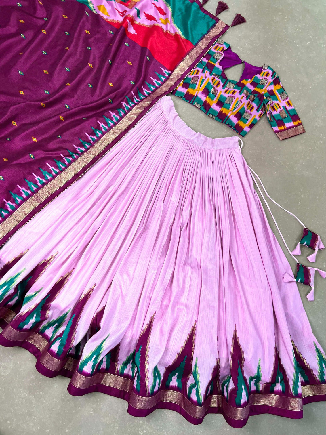Luxurious Light Pink Printed Tussar Silk Lehenga Choli with Foil Work - Set of 3