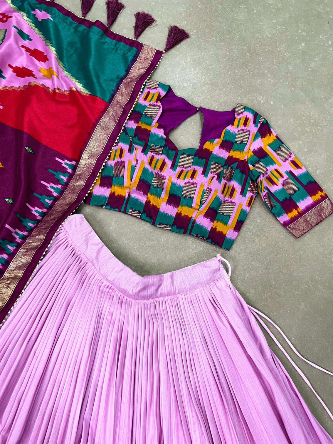 Luxurious Light Pink Printed Tussar Silk Lehenga Choli with Foil Work - Set of 3