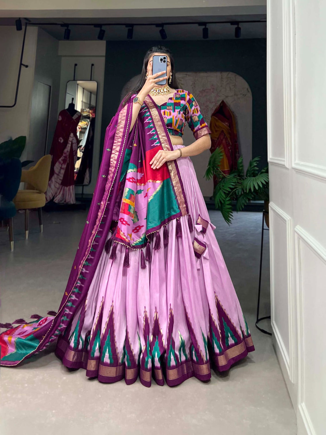 Luxurious Light Pink Printed Tussar Silk Lehenga Choli with Foil Work - Set of 3