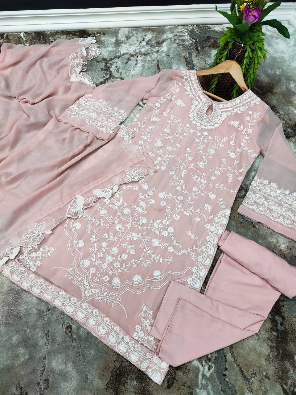 Light Pink Stunning Party Wear Top, Bottom & Dupatta Set with Elegant Embroidery