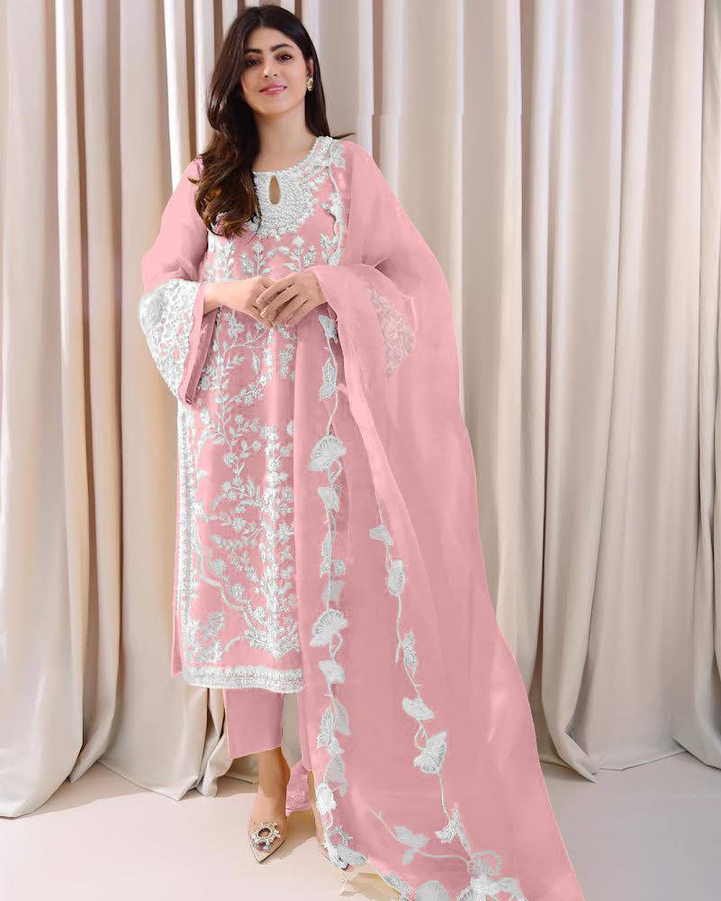 Light Pink Stunning Party Wear Top, Bottom & Dupatta Set with Elegant Embroidery