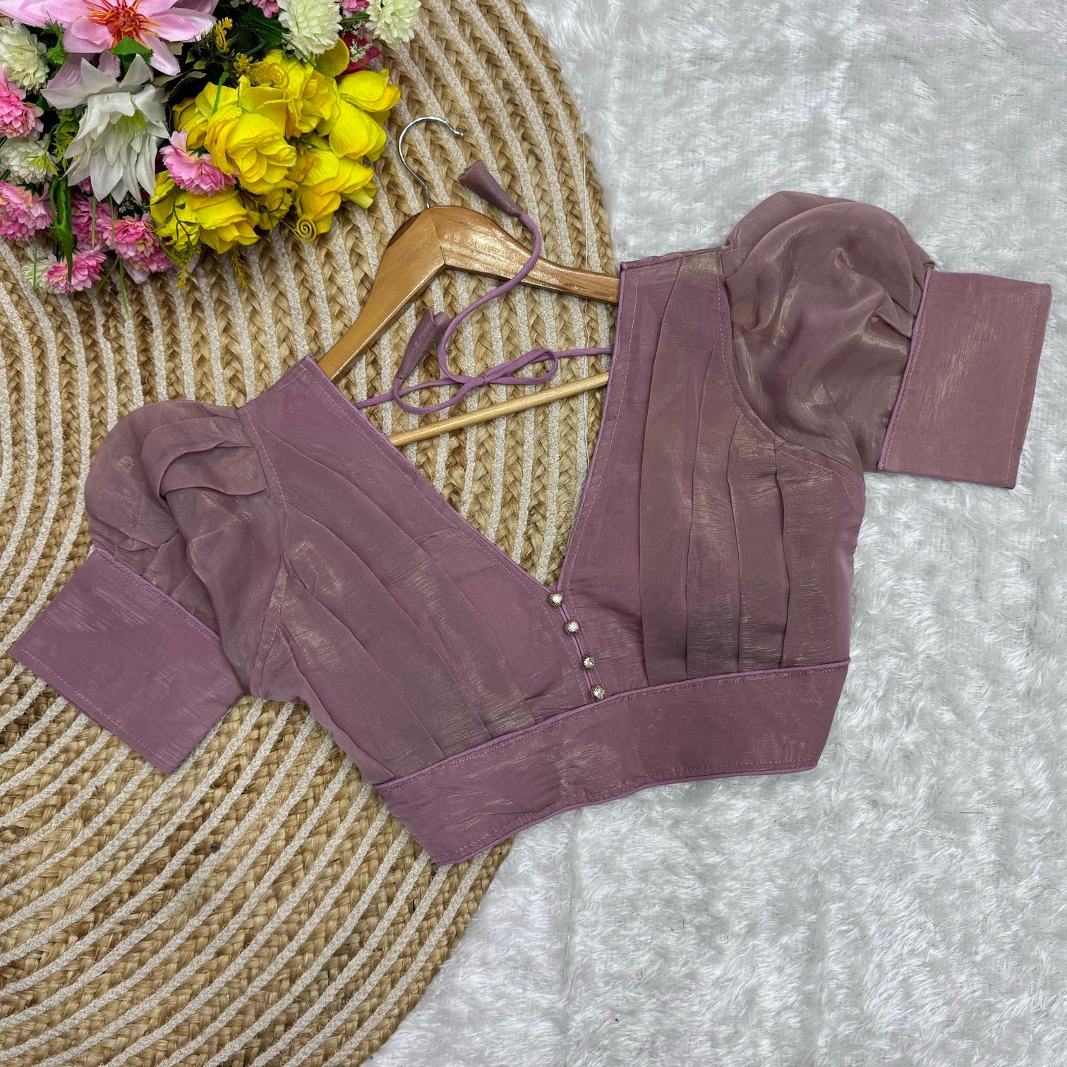 Light Purple Color Metallic Jari Blouse with Ruffled Pattern and Balloon Sleeves