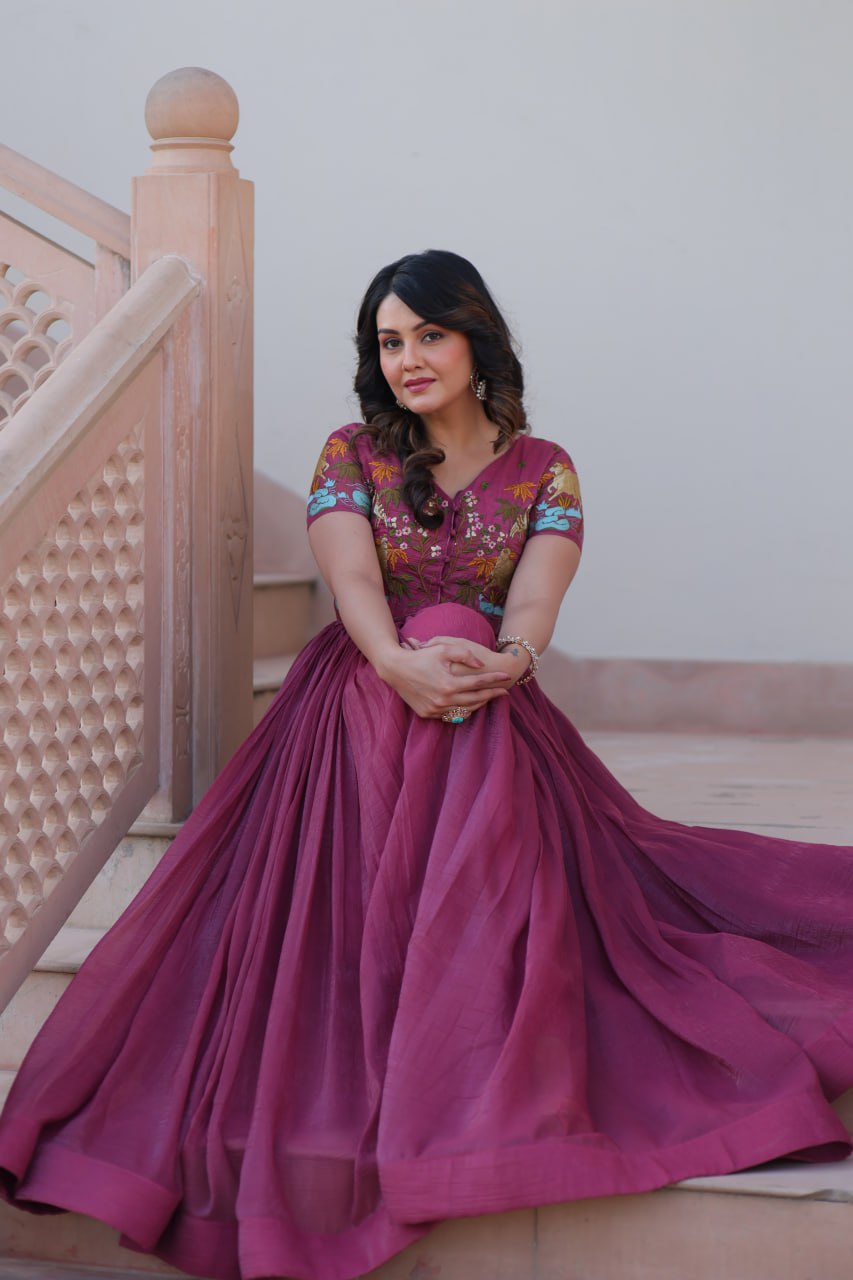 Light Purple Elegant Silver Crunchy Gown with Embroidered Koti – Stylish Partywear Set