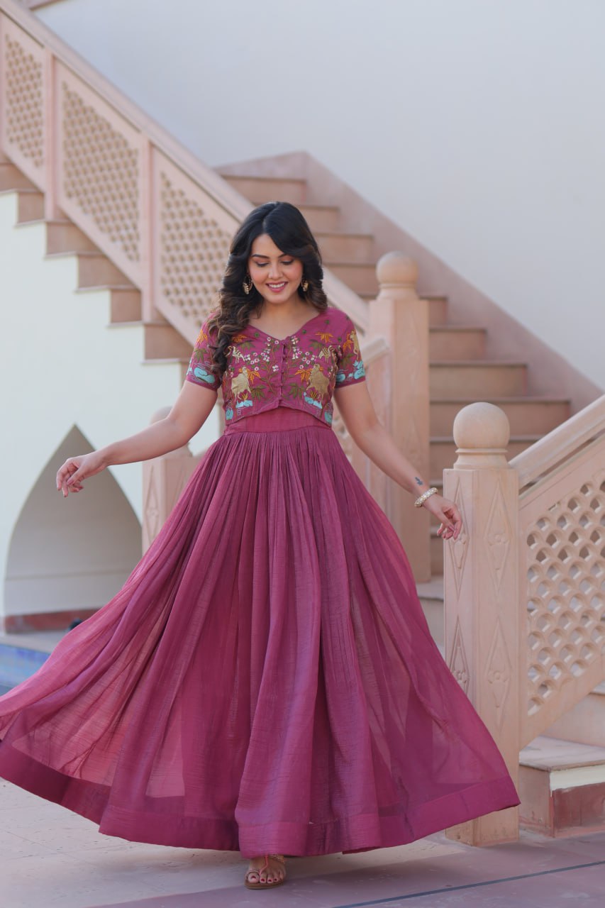 Light Purple Elegant Silver Crunchy Gown with Embroidered Koti – Stylish Partywear Set