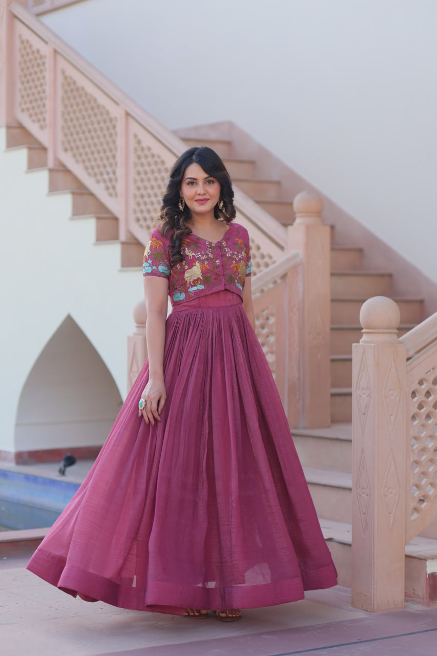 Light Purple Elegant Silver Crunchy Gown with Embroidered Koti – Stylish Partywear Set