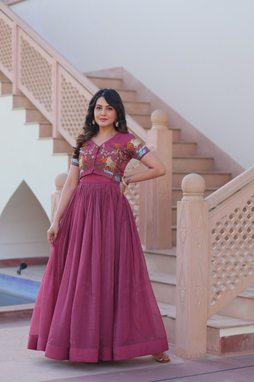 Light Purple Elegant Silver Crunchy Gown with Embroidered Koti – Stylish Partywear Set