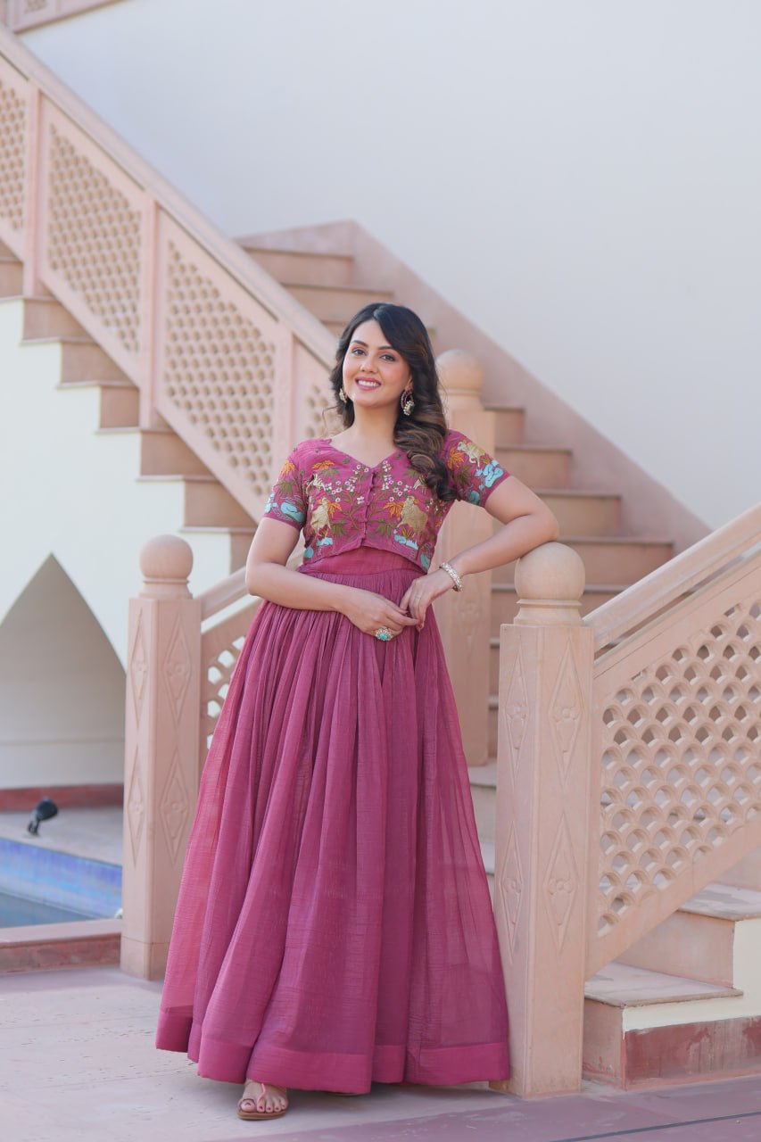 Light Purple Elegant Silver Crunchy Gown with Embroidered Koti – Stylish Partywear Set