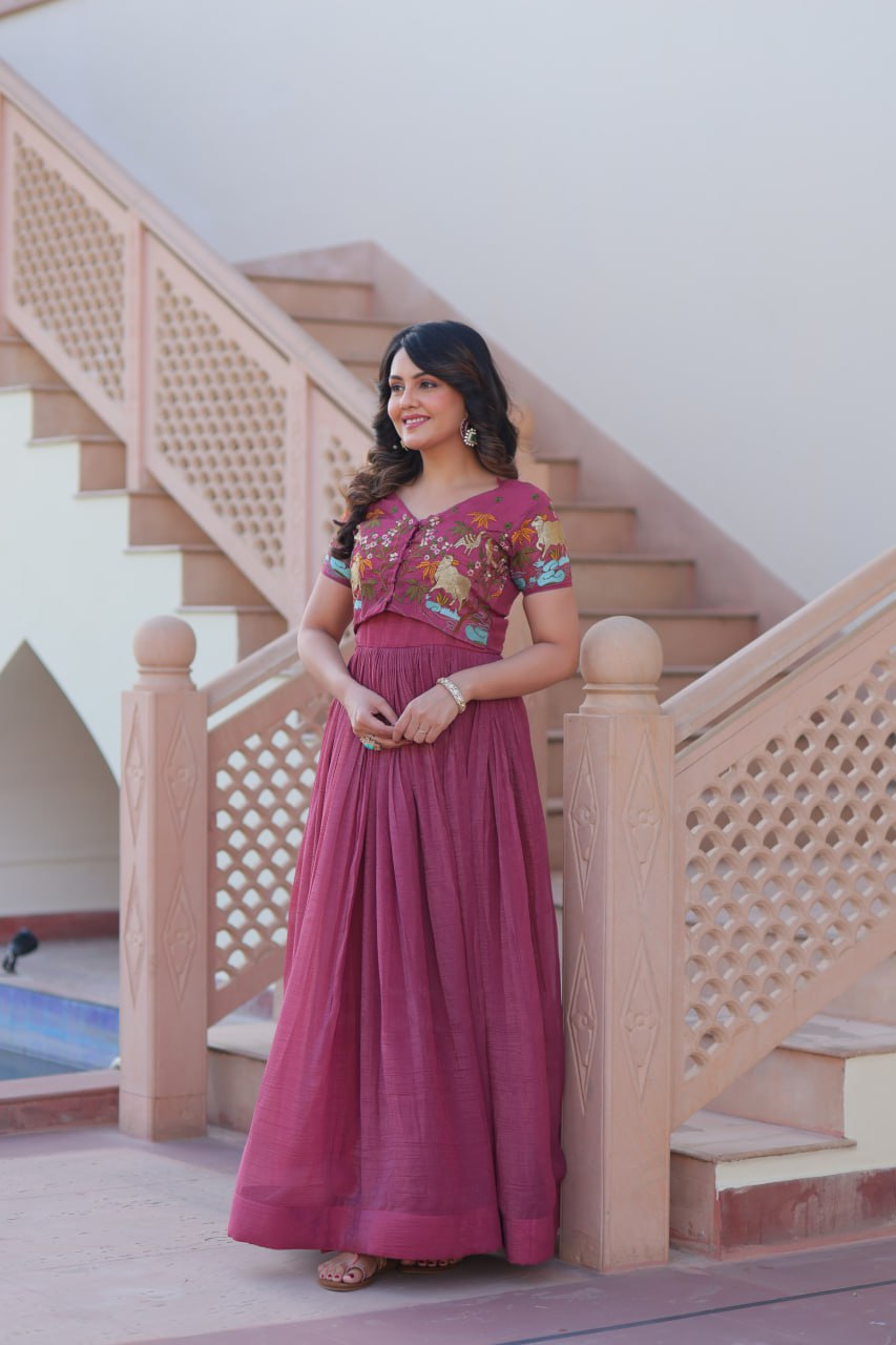 Light Purple Elegant Silver Crunchy Gown with Embroidered Koti – Stylish Partywear Set