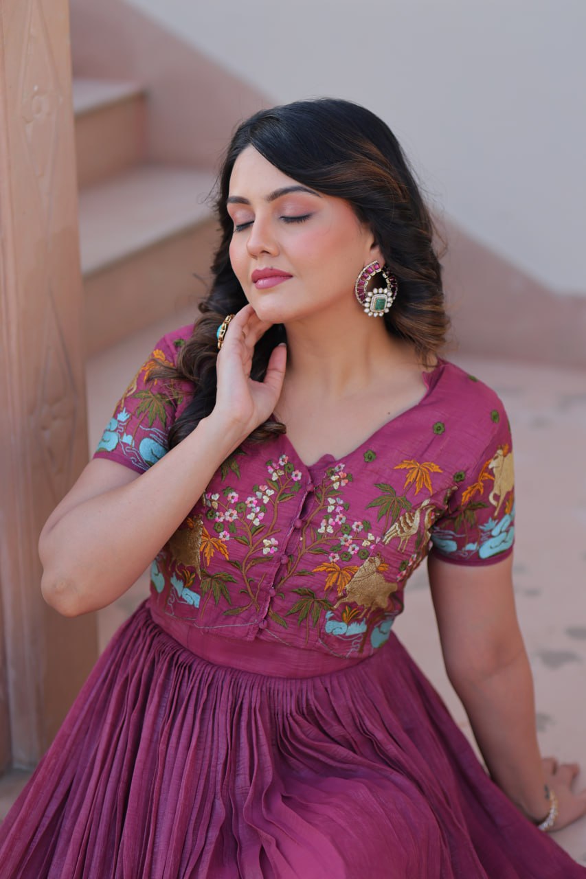 Light Purple Elegant Silver Crunchy Gown with Embroidered Koti – Stylish Partywear Set