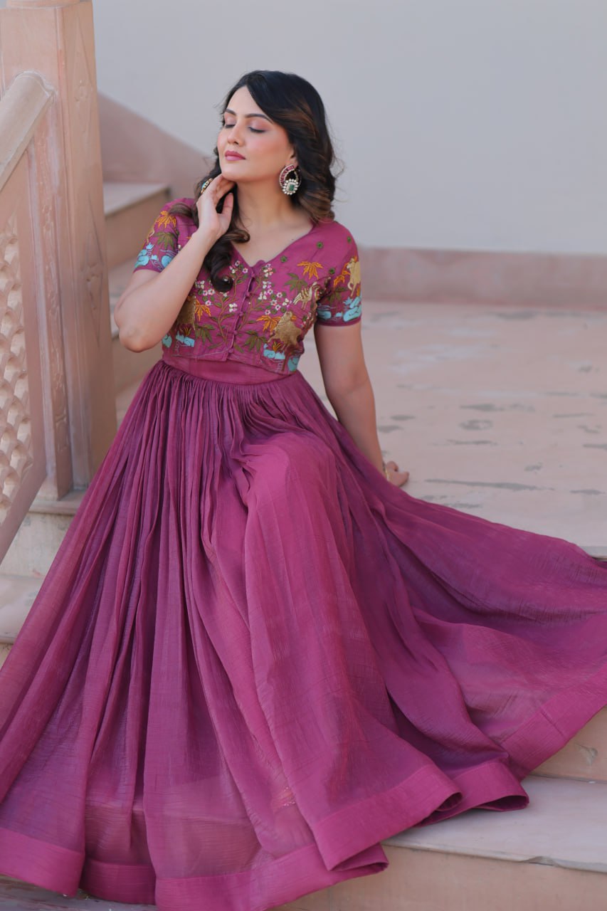 Light Purple Elegant Silver Crunchy Gown with Embroidered Koti – Stylish Partywear Set